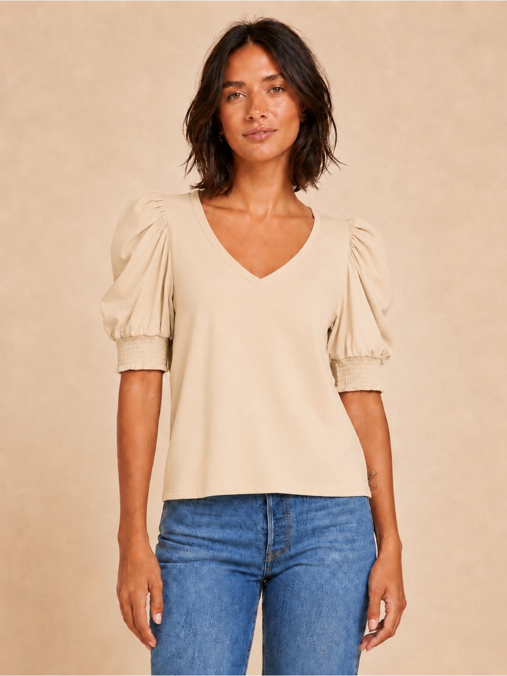 Nation LTD beige puff sleeve v neck Celine Pima cotton shirt size small camel